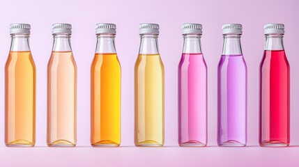 Vibrant Kombucha bottles arranged in a perfect line, five distinct flavors in swing-top glass, gentle light creating a soft glow on a clean pastel backdrop