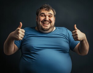 A Happy Overweight Man Showing Thumbs Up in Studio Shot Against Dark Background, Positive Body Image Concept