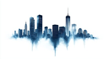 Fototapeta premium Watercolor silhouette of a modern cityscape, vibrant black ink strokes forming skyscrapers and urban design, isolated on white