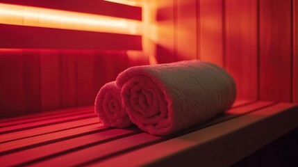 Two white towels rolled up and placed on the wooden bench of a sauna. The sauna is lit by red lights, creating a warm and inviting atmosphere.