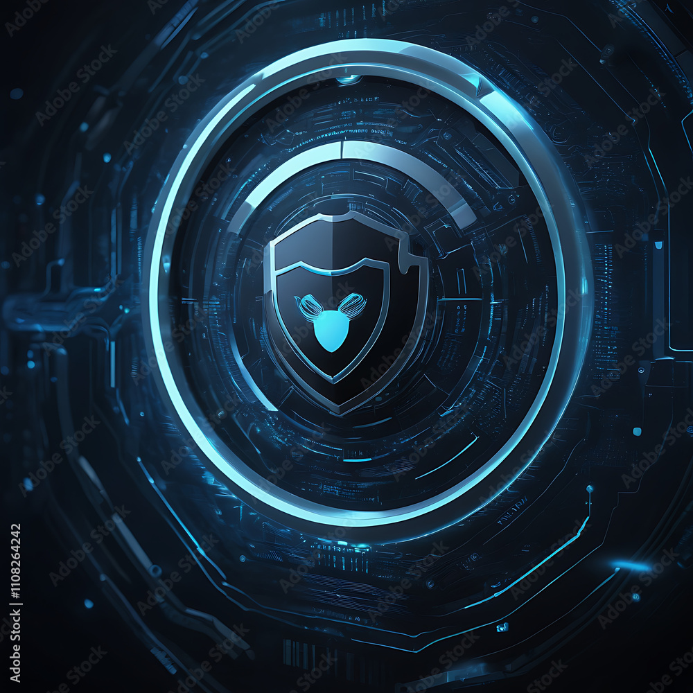 Poster cybersecurity shield: digital protection and data security system interface