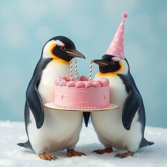 Two penguin celebrate the birthday cake