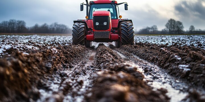 A large red tractor with massive tires moves through a freshly plowed, muddy agricultural field on a cloudy day, highlighting modern farming practices
