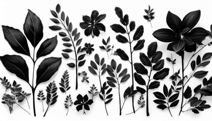 collection of black small leaf arrang on top of area,space for text,copyspace,black color,on white background