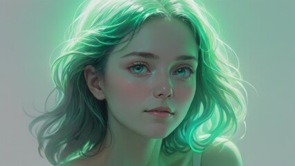 Fototapeta premium Ethereal portrait of a girl with glowing green hair and captivating teal eyes.