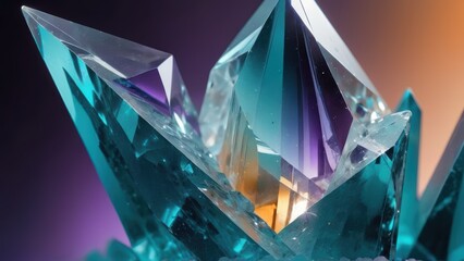 Glowing teal crystal with sharp facets, vibrant hues of purple and orange, and a gradient background.