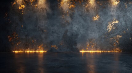 Elegant gray concrete wall with warm golden light accents creates dramatic luxury backdrop. Dark texture evokes industrial style. Suitable for modern interior design. Photo captures unique studio