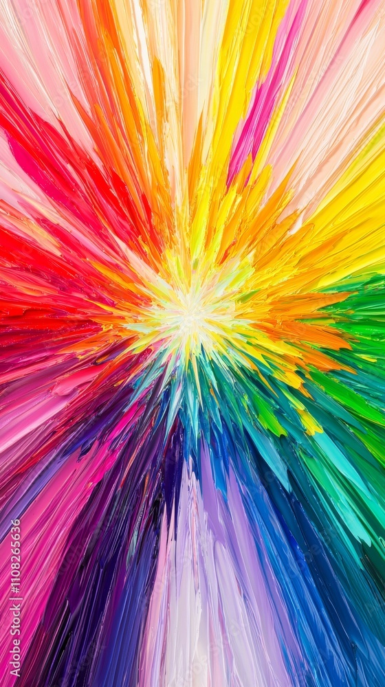 Poster vivid explosion of colors radiating from a central point, creating an energetic and vibrant abstract