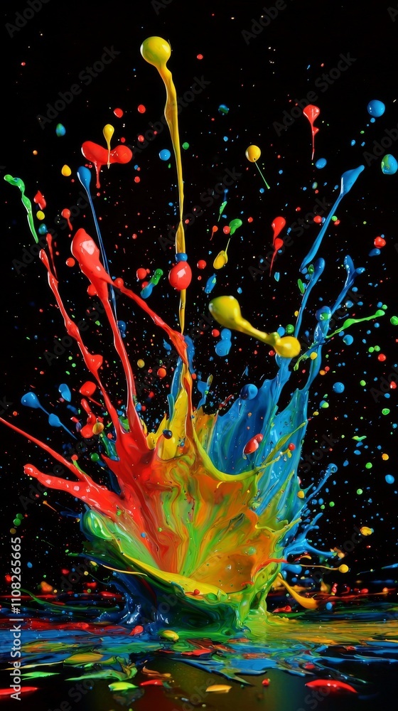 Poster a vibrant explosion of colorful paint splashes against a black backdrop, creating a dynamic and ener