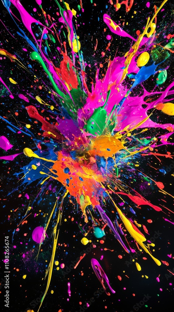 Poster a vibrant explosion of multicolored paint splashes against a black background, creating a dynamic an