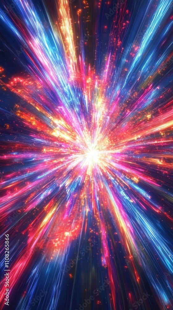 Poster a vibrant explosion of colorful light streaks radiating outward, creating a dynamic and mesmerizing 