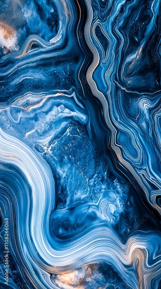 Poster dynamic blue and gold abstract swirling pattern resembling ocean waves, showcasing movement and flui