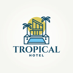 minimalist tropical hotel tropical line art icon logo vector illustration design. simple modern beach hotel, boutique, resort logo concept