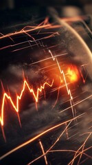 Obraz premium Abstract image featuring glowing orange lines resembling a heartbeat on a textured surface.