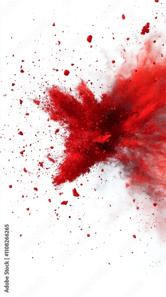 Poster a vibrant explosion of red powder against a white background, creating an energetic and dynamic visu