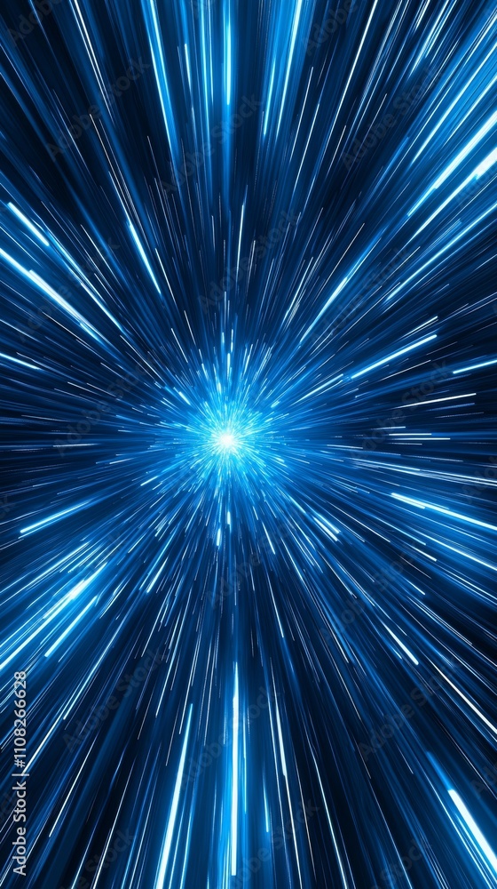 Poster dynamic blue light rays create an immersive, futuristic tunnel effect radiating from a bright center