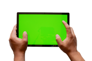 Hands of a man using a tablet with green screen, chroma key, on a transparent background