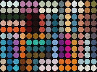 Abstract colorful background with a repeating pattern of textured circles on a black background.