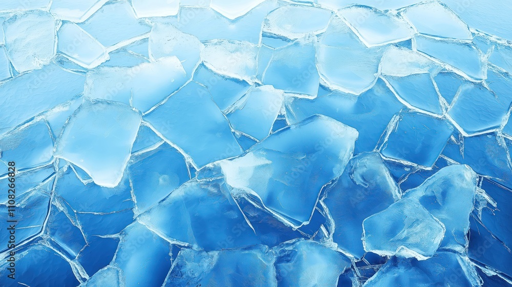 Aufkleber Crystalline ice pieces form vibrant blue texture. Sharp edges, intricate cracks create captivating pattern. Frozen surface appears undisturbed, solid. Abstract background suitable for various