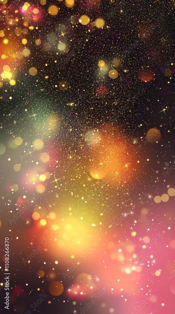 Poster a vibrant abstract background filled with shimmering gold and colorful bokeh effects, creating a fes