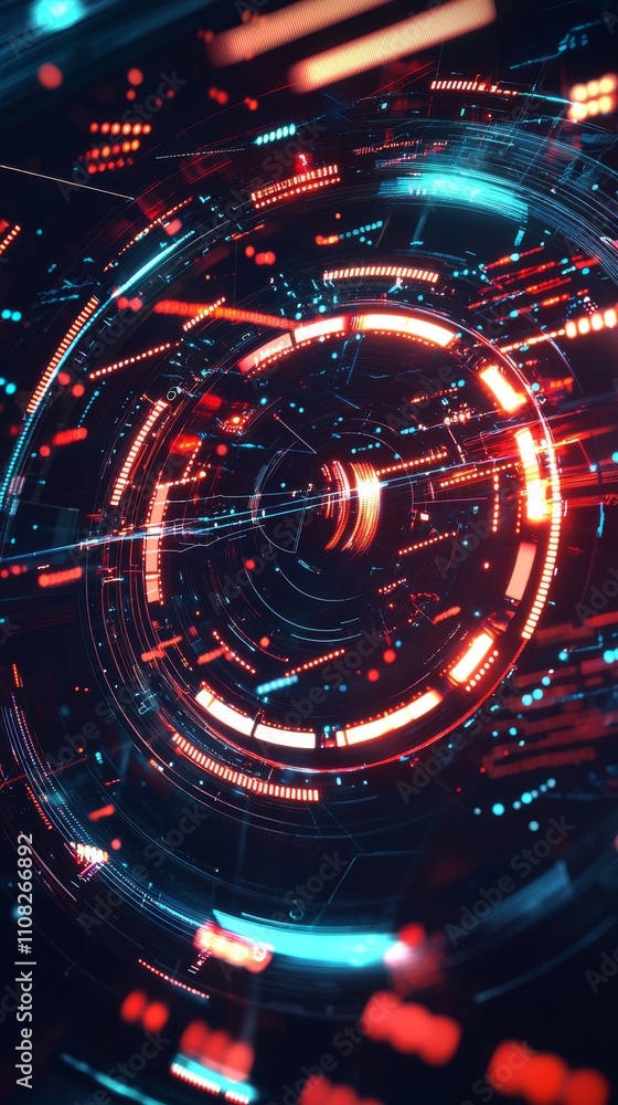 Poster abstract digital technology background with glowing red and blue circular patterns, creating a futur