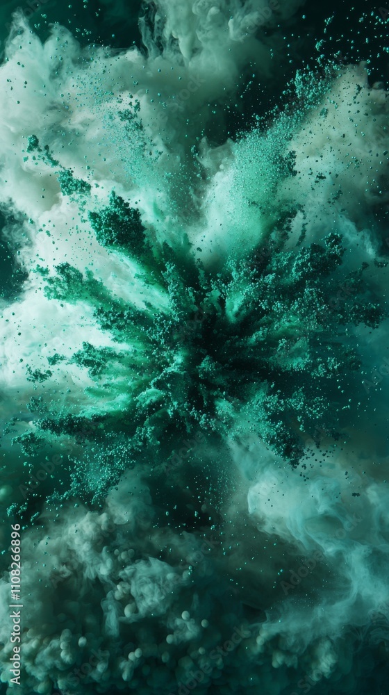 Poster dynamic explosion of teal and green particles creating an abstract cloud-like formation.