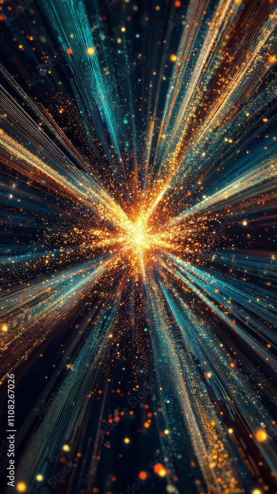 Poster A vibrant explosion of light and color radiating from a central point, creating a dynamic cosmic effect.