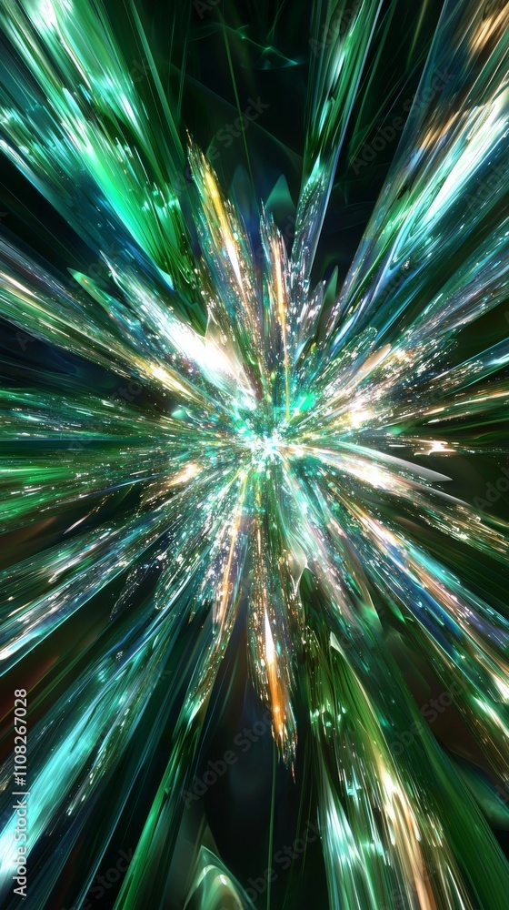 Poster an abstract burst of colors in green and gold, creating a mesmerizing visual effect of energy and mo