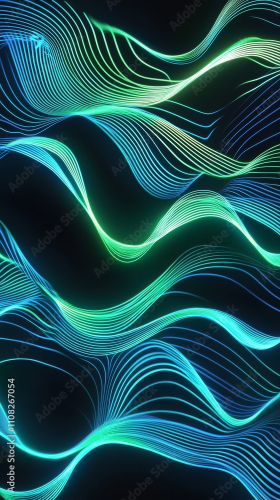 Poster Abstract wavy lines in vibrant green and blue glowing against a dark background, creating a dynamic visual flow.