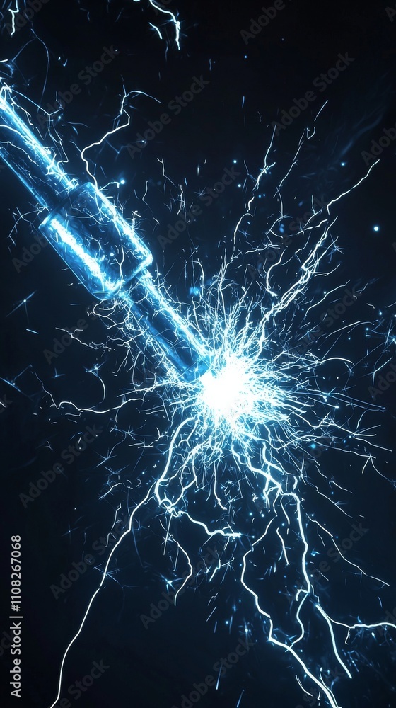 Poster an abstract representation of blue electric sparks radiating from a central point, creating a dynami