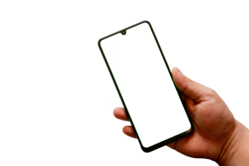 A man's hand holding an android cell phone with a white screen on a white background.