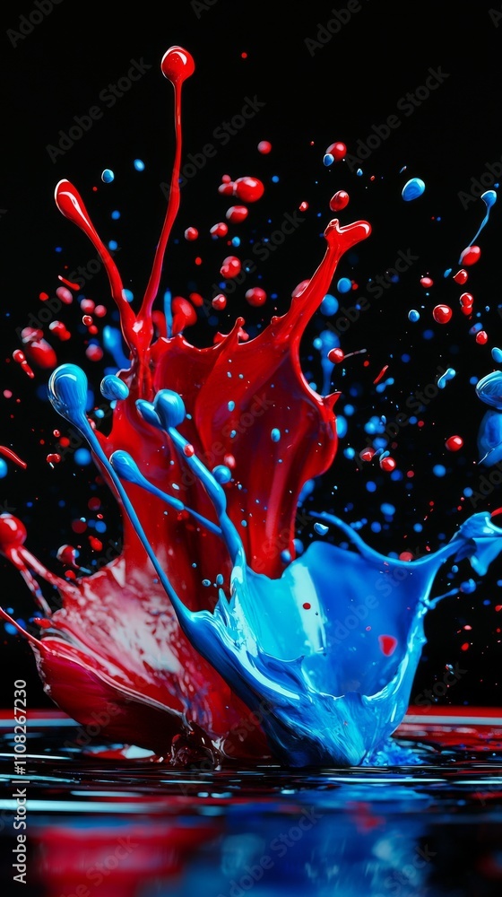 Poster vibrant splashes of red and blue paint collide dramatically against a dark backdrop, creating a stri