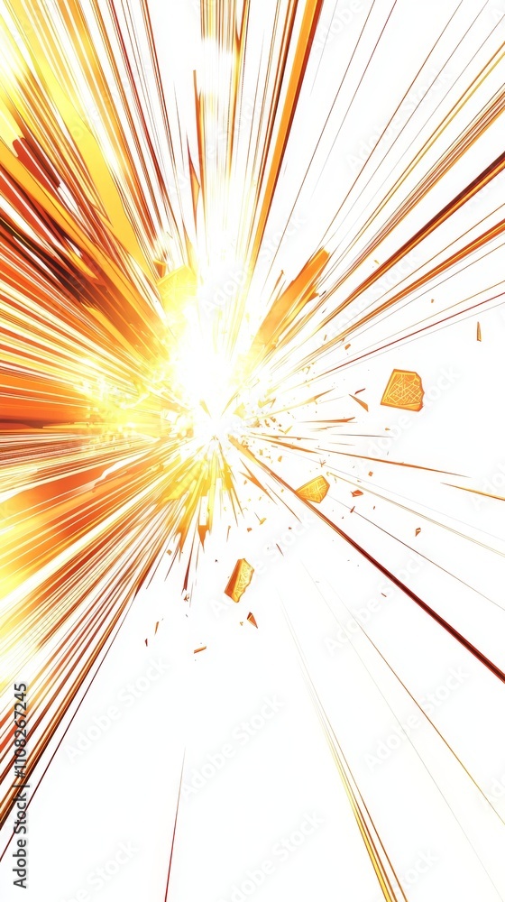 Poster an explosive burst of light and energy radiating outward, creating dynamic lines and a vivid display