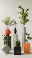Fototapeta premium A vibrant display of various indoor plants in modern pots on minimalist pedestals, creating a lively ambiance.