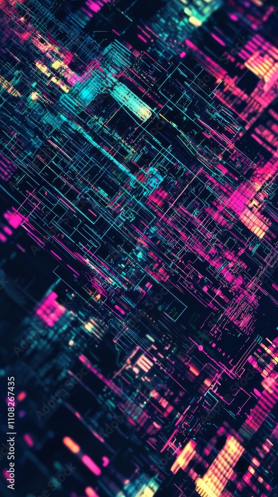 Poster a vibrant abstract composition featuring colorful neon lines and patterns representing digital conne