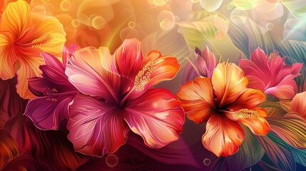 Fototapeta premium Vibrant digital illustration of hibiscus flowers in warm colors.