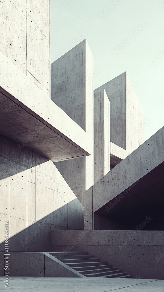 Poster abstract architectural design with tall concrete structures and sharp angles, exuding modern minimal