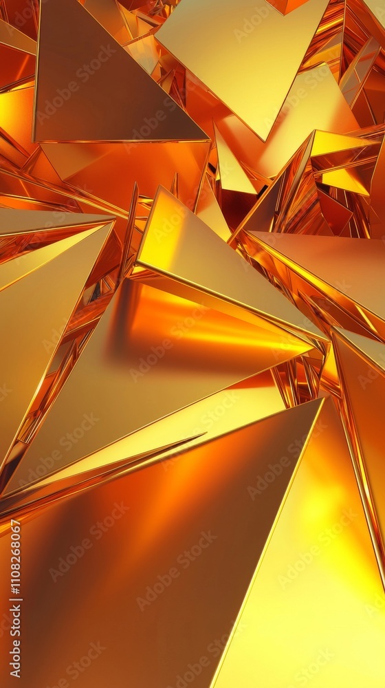 Poster abstract composition of shiny golden pyramids reflecting light in multiple directions.