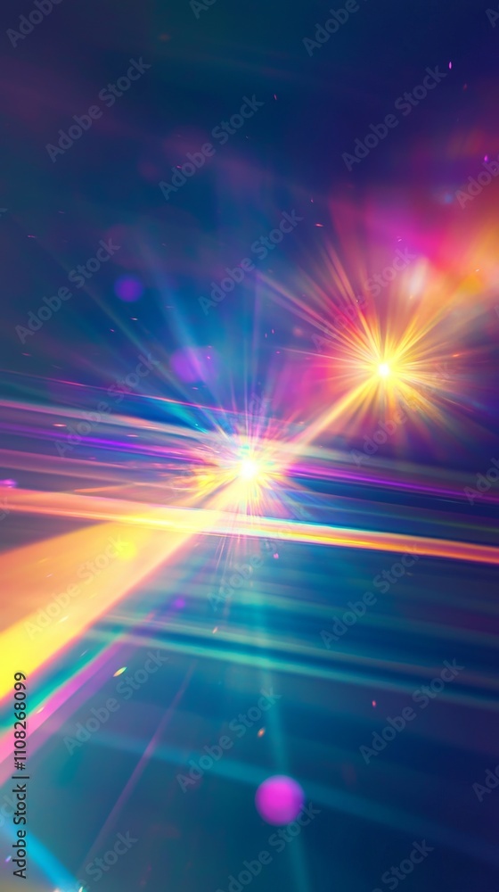 Poster Vibrant abstract lights creating a dynamic and colorful visual experience with glowing rays and sparkles.