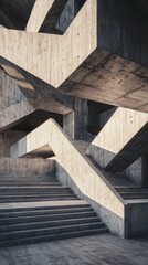 A striking architectural design featuring angular wooden and concrete staircases in a modern indoor environment.