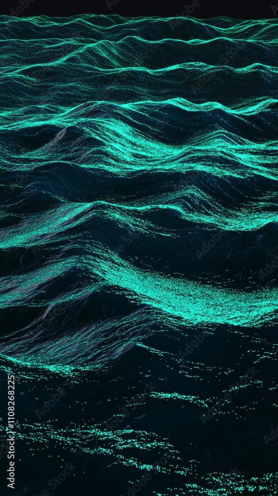 Poster a mesmerizing display of glowing turquoise waves, creating a tranquil yet dynamic ocean scene.