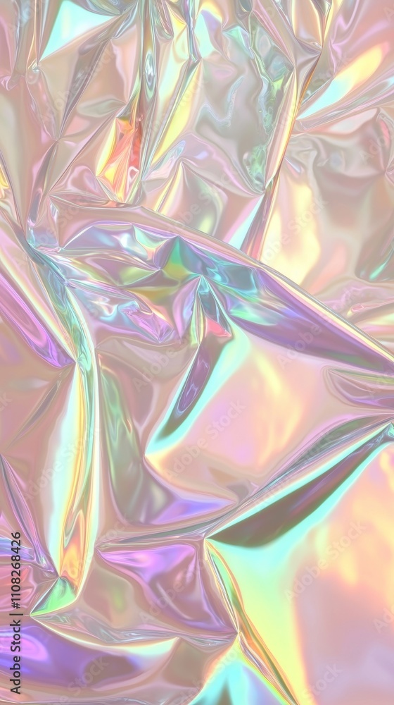 Poster close-up shot of iridescent wrinkled foil displaying a spectrum of colors.