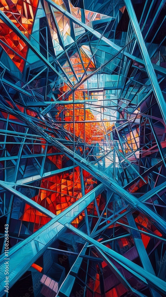 Poster abstract geometric structure with vibrant blue and orange hues, creating a dynamic and modern atmosp