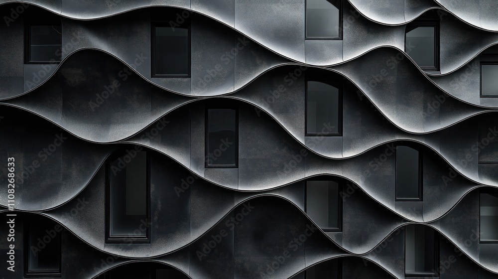 Poster modern building facade with wavy dark gray texture. abstract design of modern building. black, white