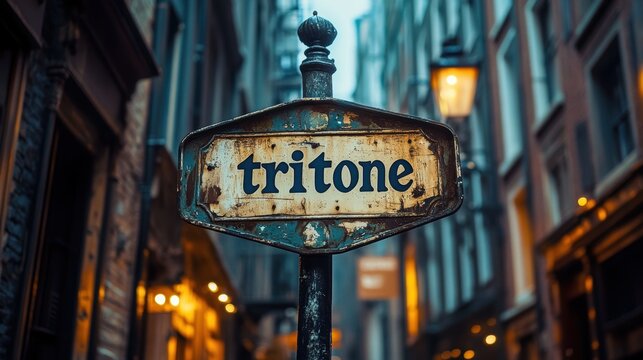 A rustic vintage-style street sign reading "tritone" is set against the backdrop of a narrow, softly illuminated urban alleyway at dusk.
