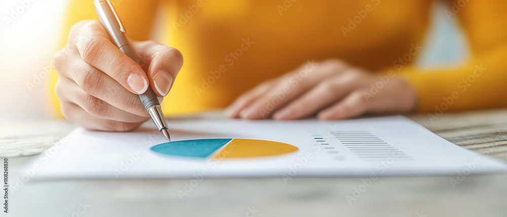 Aufkleber pen write paper chart concept. a person analyzes a pie chart while taking notes with a pen.