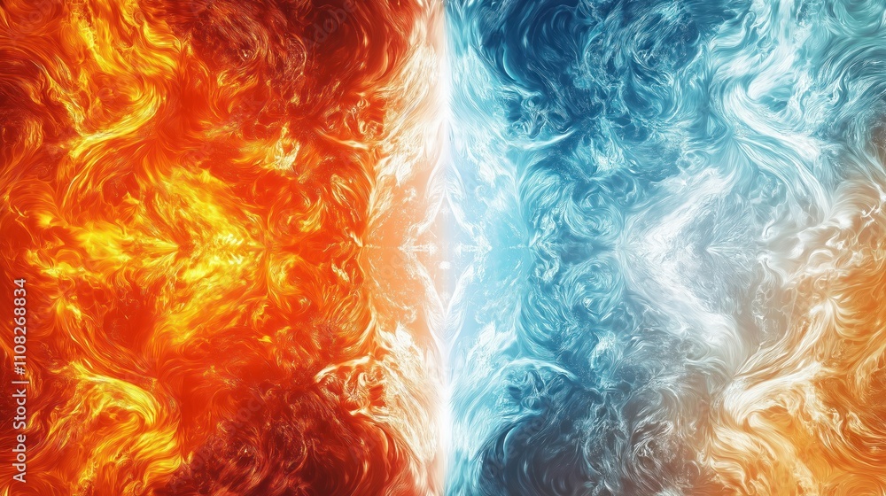 Poster abstract image shows clash of fire and ice. dynamic contrast. fluid forms meet in central area. abst