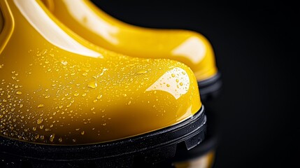 Obraz premium Macro shot of bright yellow rain boots against a deep black background, ideal for high-contrast fashion ads, sleek nighttime aesthetic