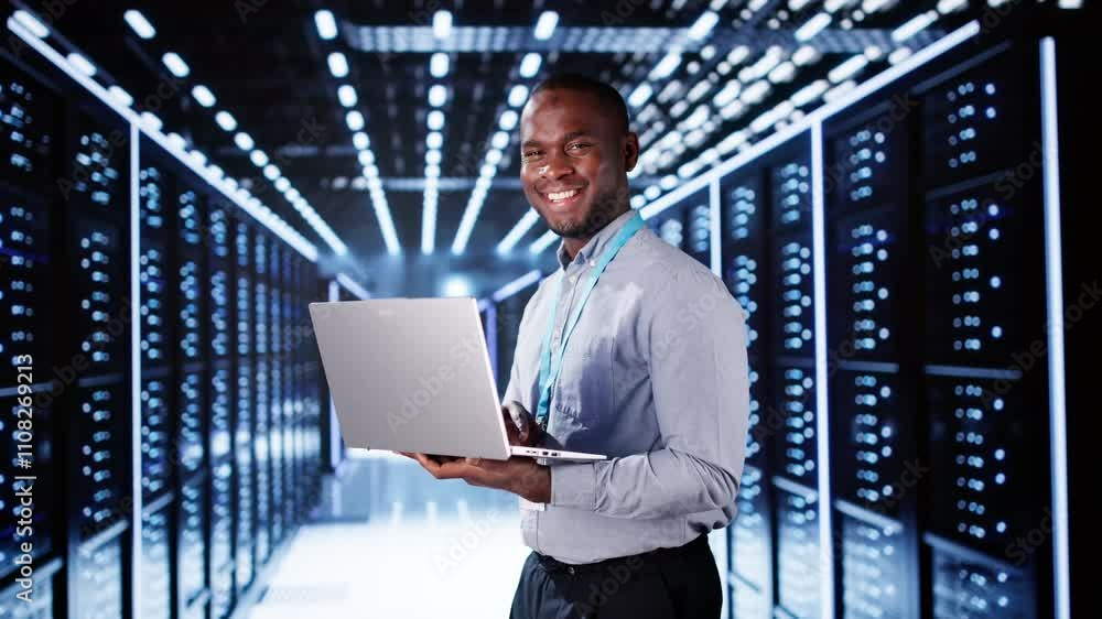 Aufkleber happy engineer in data center server room configuring ai