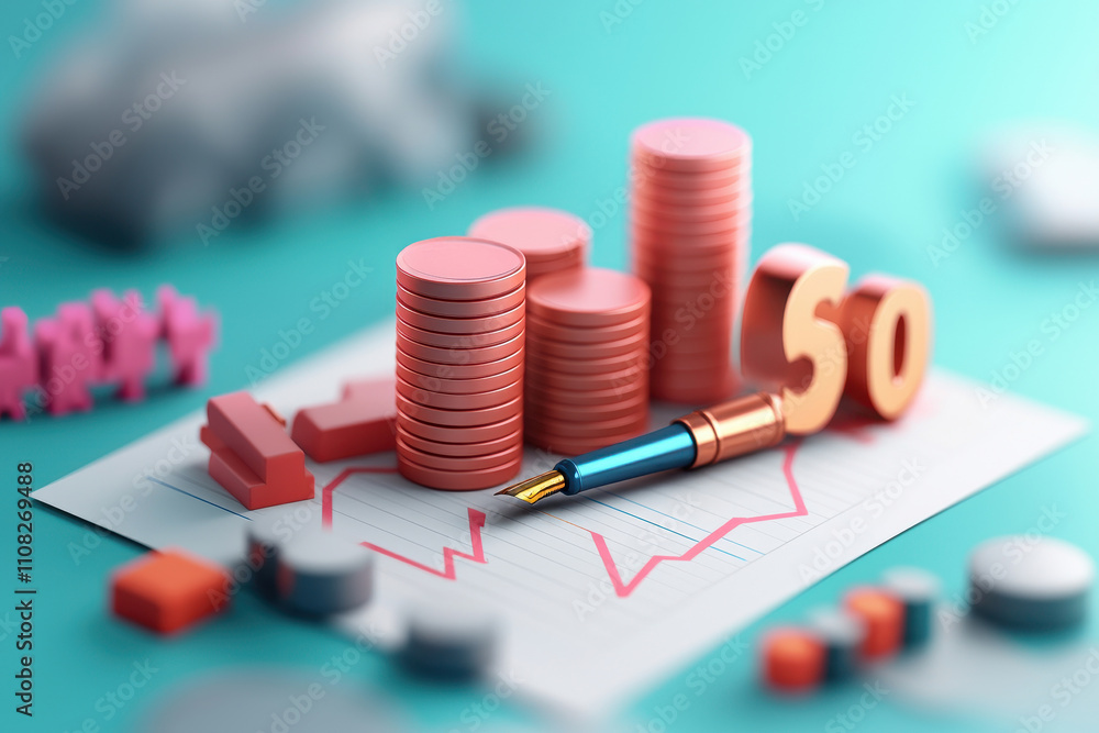 Poster pen write paper chart concept. colorful financial graph with coins and a pen on a chart background.